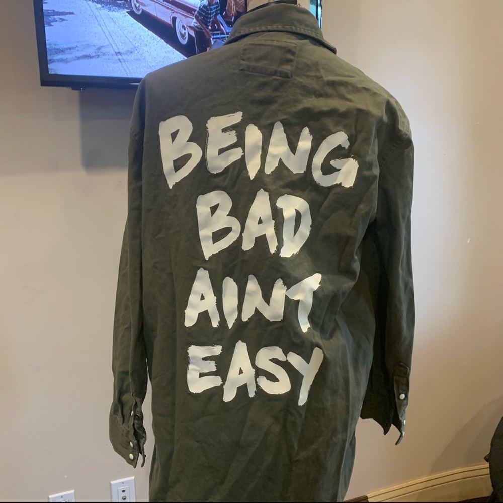 being bad ain’t easy print button up woman’s